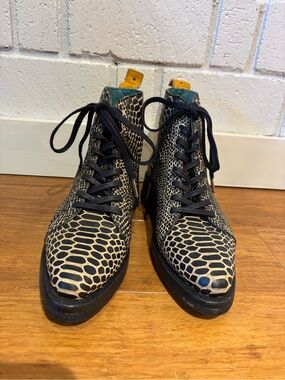 Croc-Pattern Lace-Up Ankle Boots in Black & Cream